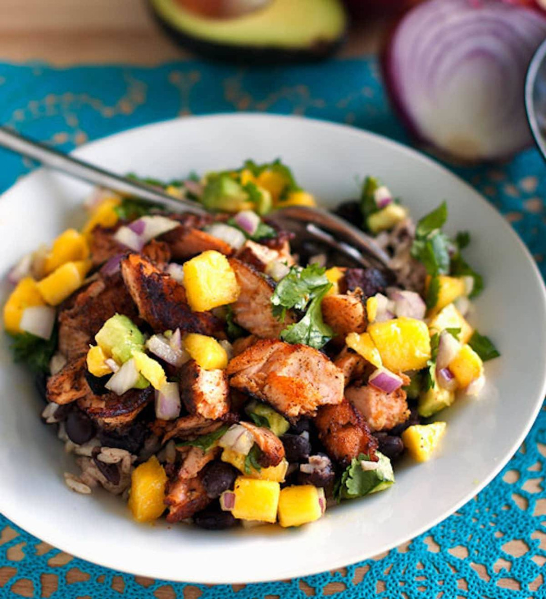 Caribbean Jerk Salmon Bowl with Mango Salsa