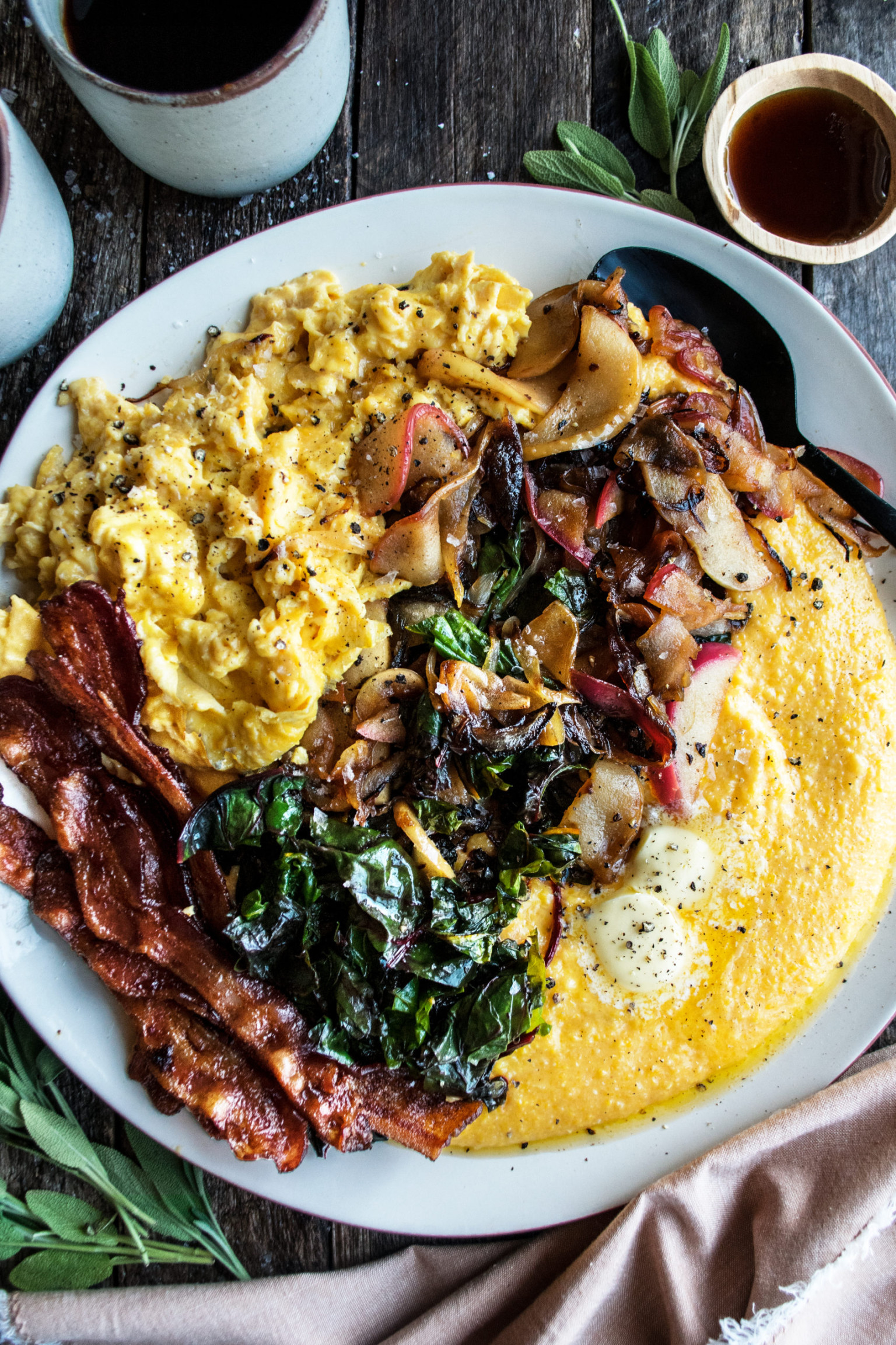 Polenta Breakfast Platter with Melted Apples & Greens