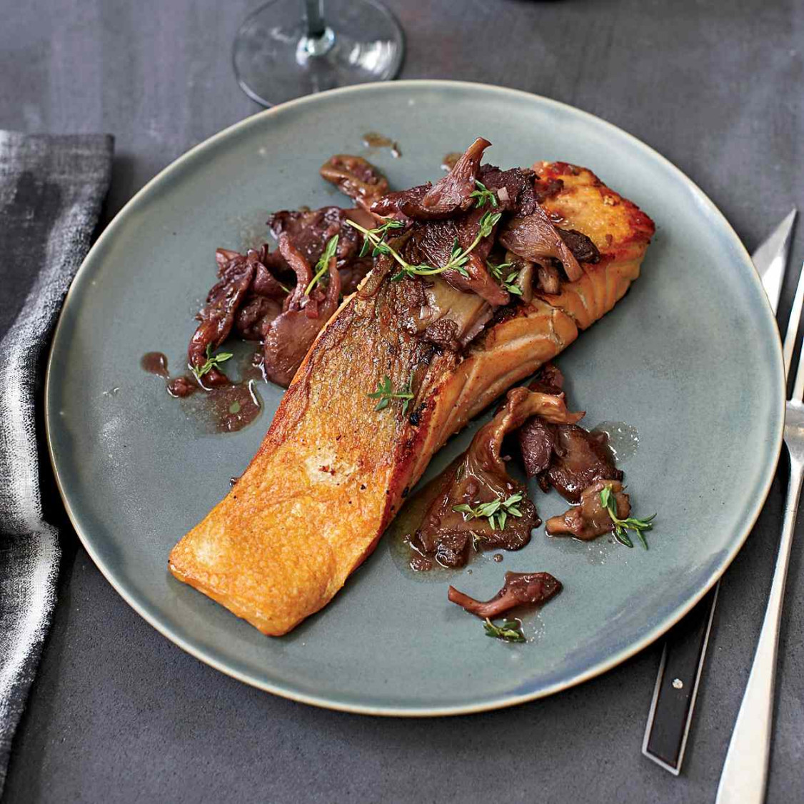 Roasted Salmon with Oyster Mushrooms in Red Wine