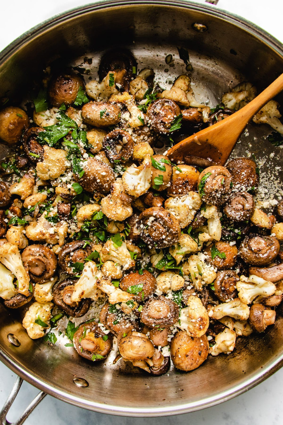 Sauteed mushrooms with cauliflower crumbles recipe